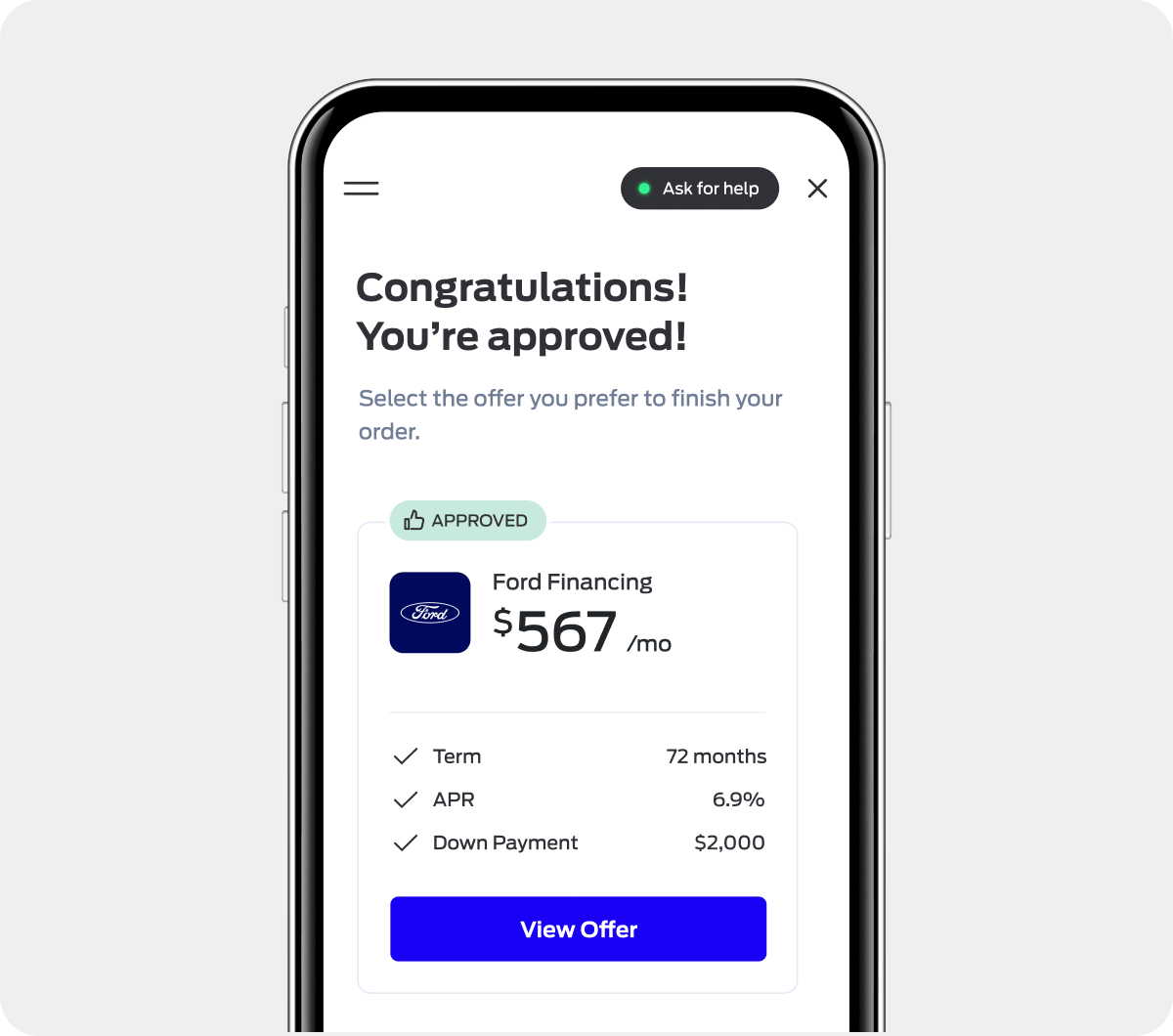 A graphic of a mobile device featuring the financing step within the Gubagoo Virtual Retailing online tool.