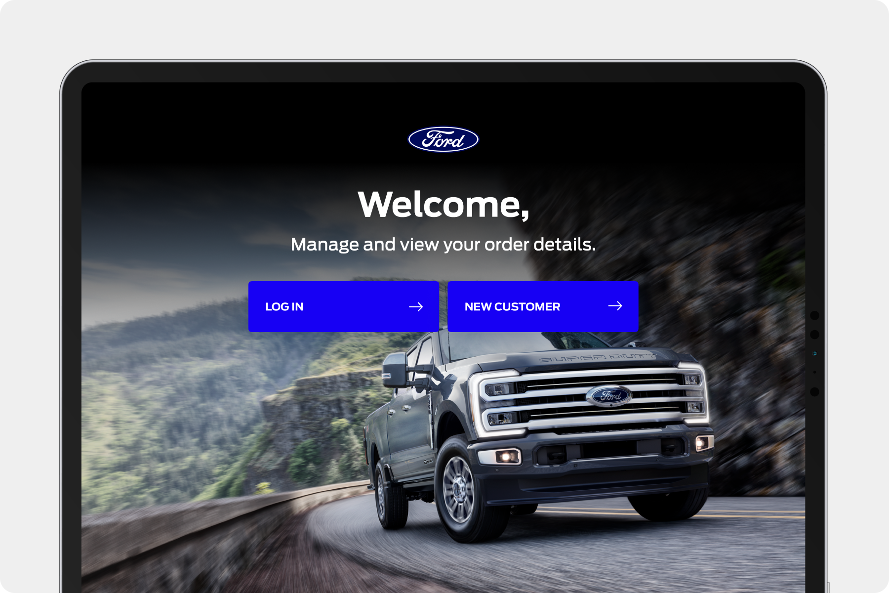 A graphic of a tablet featuring the Ford-branded Welcome Screen on Gubagoo's Virtual Retailing online tool.