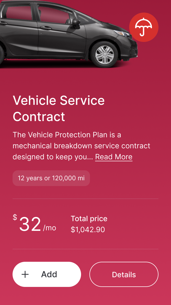 VR example screen for adding vehicle services contract
